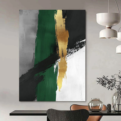Contemporary abstract artwork featuring minimalist brush strokes in green and grey with luxurious gold accents, creating a serene and sophisticated ambiance. DLZ1615
