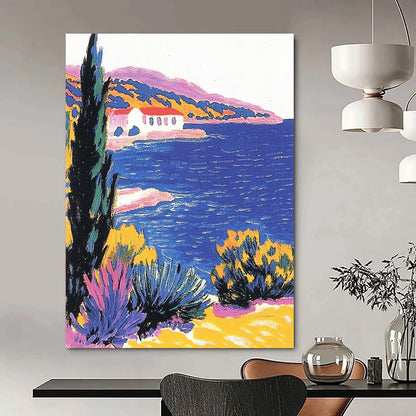 Contemporary hand-painted abstract artwork featuring a beautiful blue sea cypress tree and pastel coastal scenery in a vintage postcard style. DLZ1266