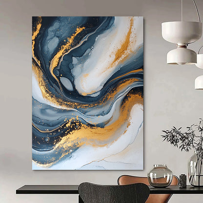 Contemporary hand-painted abstract artwork features dark blue and gold with a crackle effect elegant swirling patterns and glitter accents create depth and beauty. DLZ0329