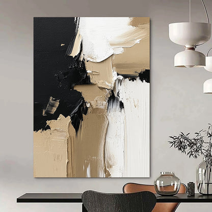 Contemporary hand-painted abstract artwork featuring a striking blend of black, white, and beige textures perfect for enhancing wall aesthetics. DLZ0321