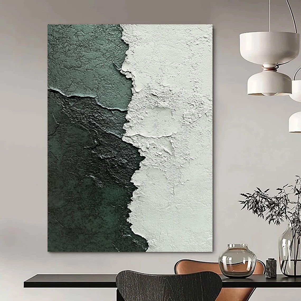 Contemporary abstract painting highlights textured contrast of white plaster and dark green paint with intricate brushstrokes in gray and blue tones. DLZ1213