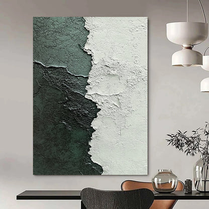 Contemporary abstract painting highlights textured contrast of white plaster and dark green paint with intricate brushstrokes in gray and blue tones. DLZ1213