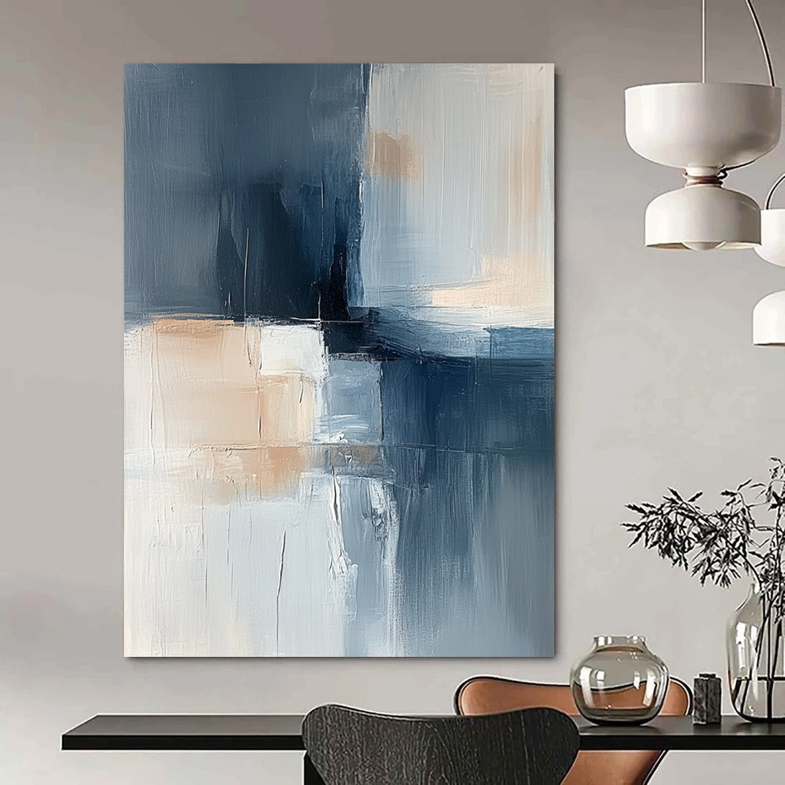 Contemporary hand-painted abstract artwork featuring soft blue gray and beige tones with layered shapes and a central dark element exuding calmness and minimalism. DLZ1052