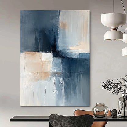 Contemporary hand-painted abstract artwork featuring soft blue gray and beige tones with layered shapes and a central dark element exuding calmness and minimalism. DLZ1052