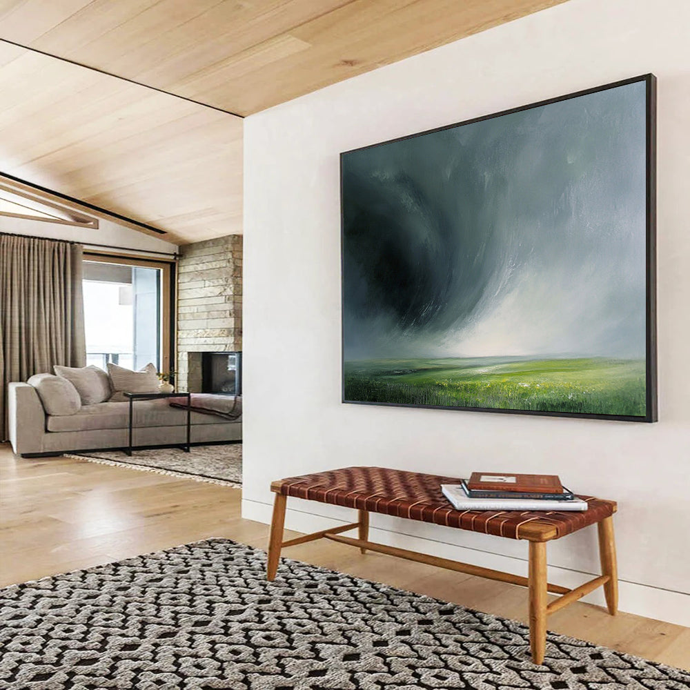 “Stormy Green Horizon” - Dark gray storm, lush green field, Dramatic Landscape Painting On Canvas HB0579