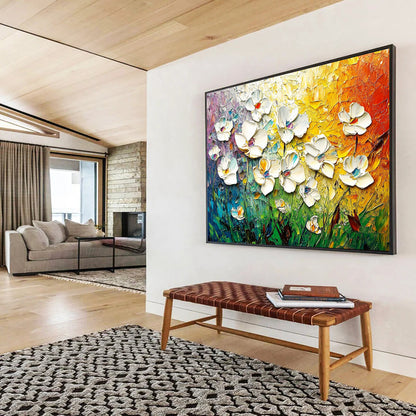 “Vibrant 3D Floral Burst” - White, Colorful, Textured Flowers Painting On Canvas HB0727