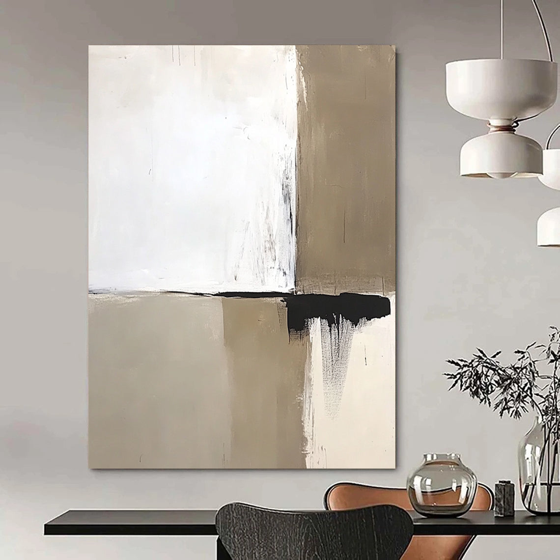 Contemporary abstract artwork featuring neutral white and beige tones accented by bold black brushstrokes simple shapes and clean lines. DLZ1604