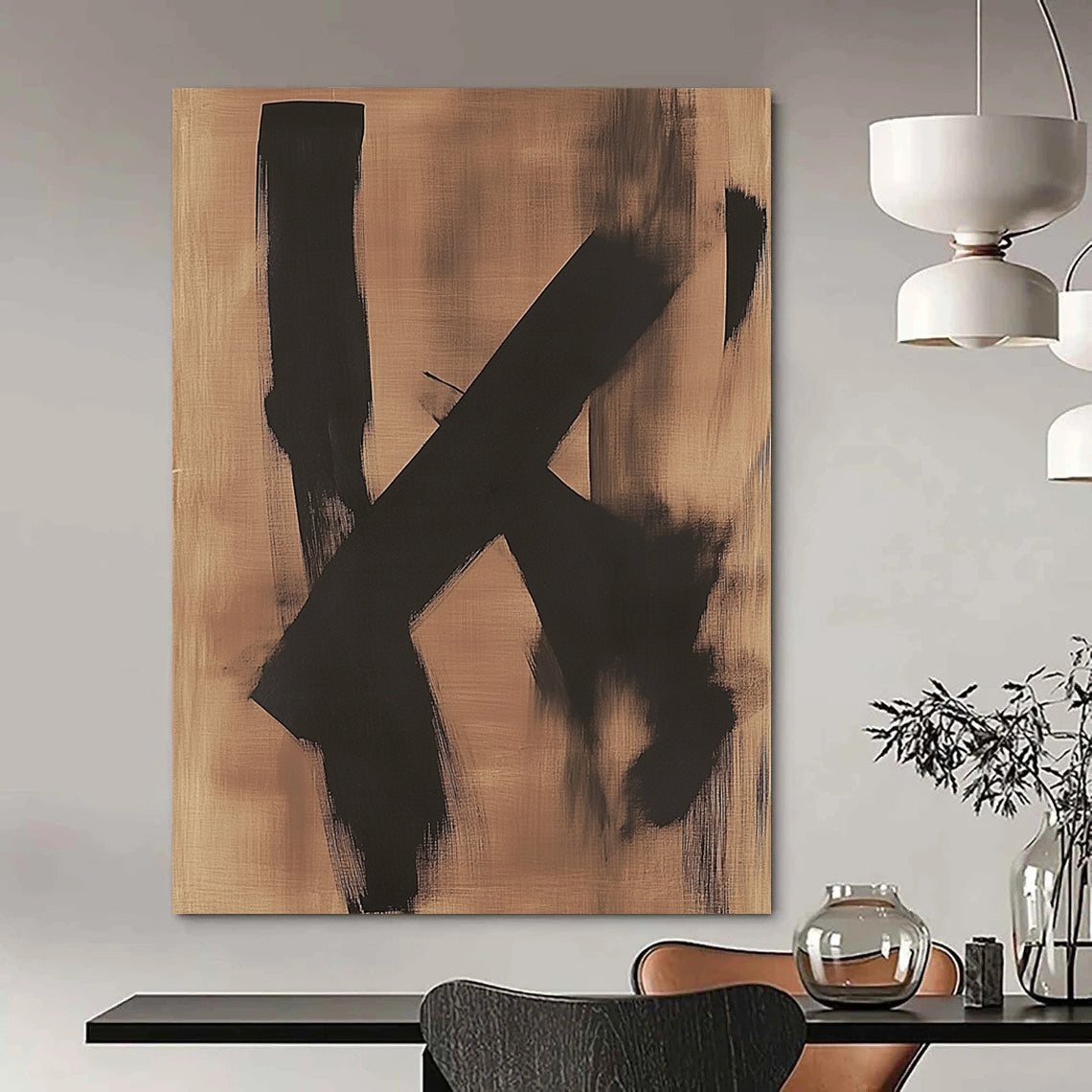 Contemporary hand-painted abstract artwork featuring two black shapes on a dreamy bronze background evoking a sense of melancholy. DLZ1423