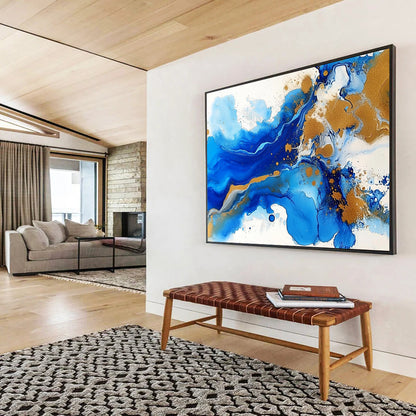 “Blue - Gold Abstract Fluid Waves” - Blue, Gold, White, Fluid Shapes Painting On Canvas HB0842