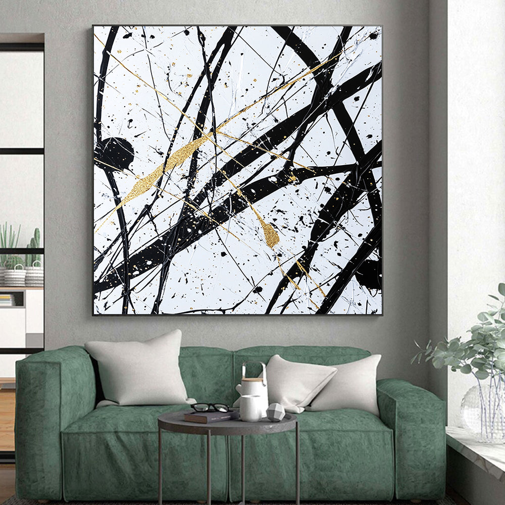 Black, White, Gold, Intertwined Lines "Gilded Chaos" Abstract Expressionist Painting On Canvas HB047