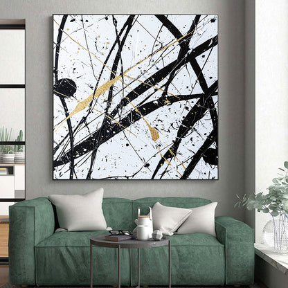 Black, White, Gold, Intertwined Lines "Gilded Chaos" Abstract Expressionist Painting On Canvas HB047
