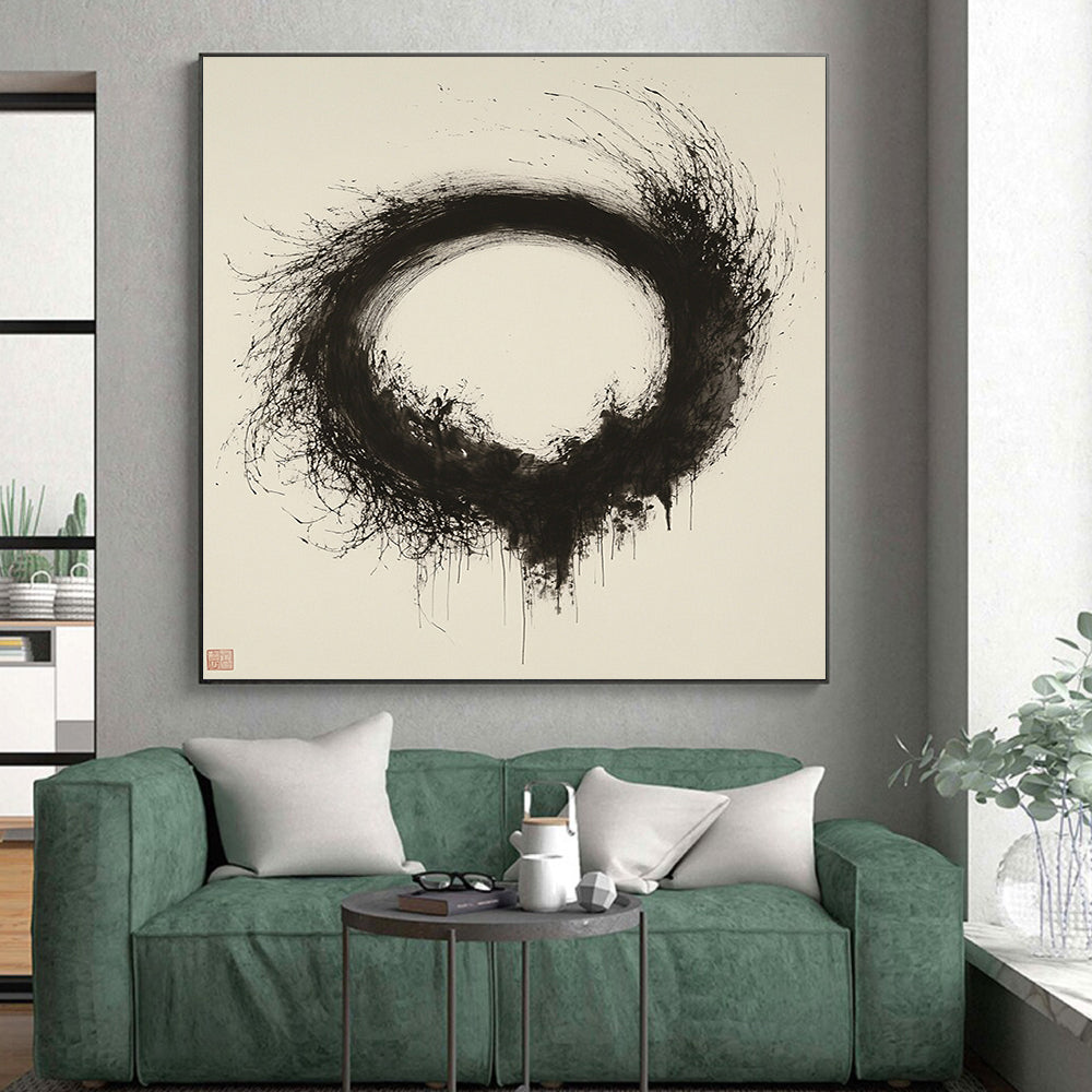 Black & Gray Textured Circular Ink - “Ethereal Enso Nest” Painting On Canvas HB246