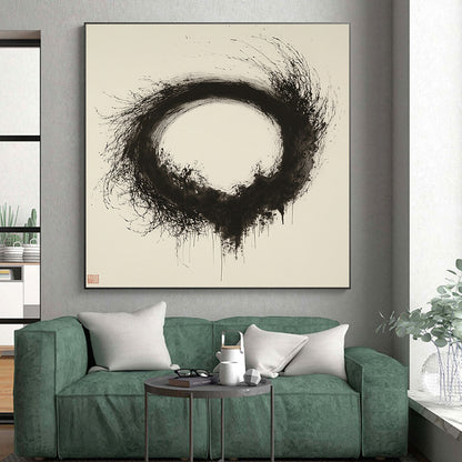 Black & Gray Textured Circular Ink - “Ethereal Enso Nest” Painting On Canvas HB246