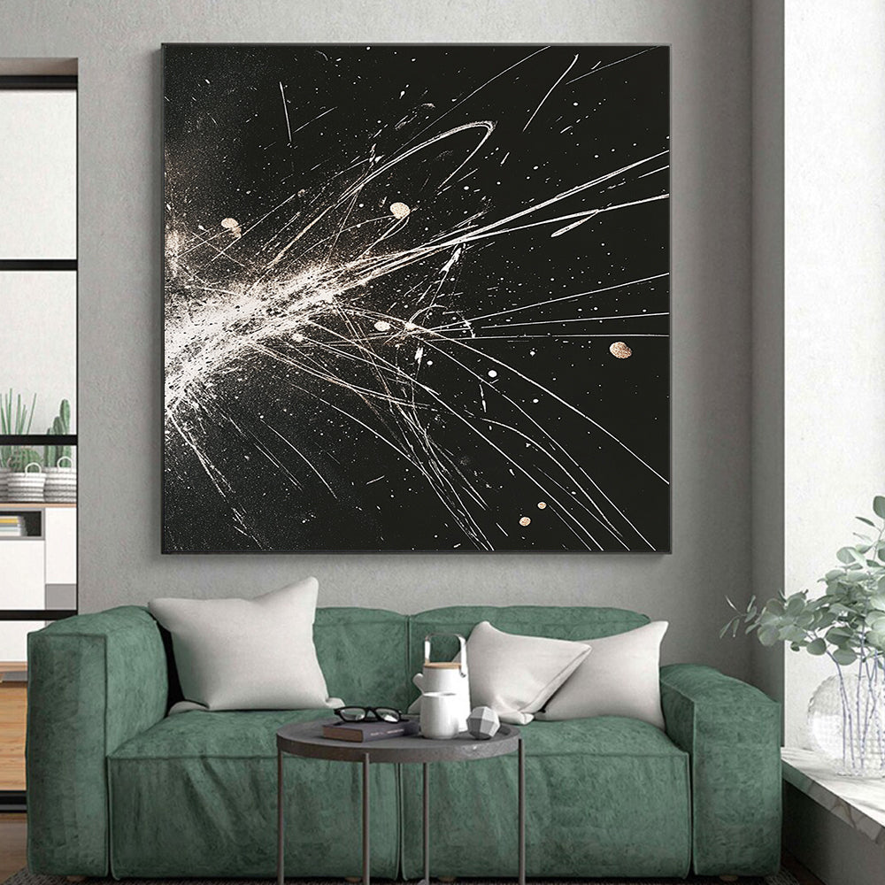 Black, White, Gold, Explosive Lines "Celestial Fireworks" Abstract Expressionist Painting On Canvas HB083