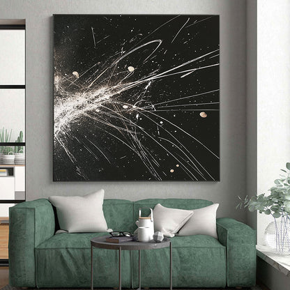 Black, White, Gold, Explosive Lines "Celestial Fireworks" Abstract Expressionist Painting On Canvas HB083