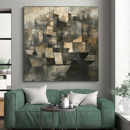 Gray, Brown and Black Cubist Cityscape "Urban Fragmentation" Painting On Canvas HB371