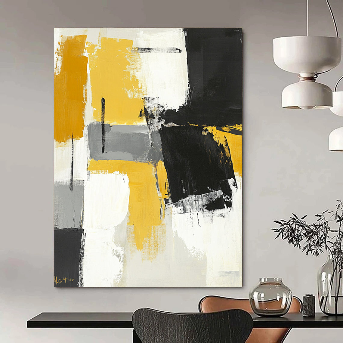 Contemporary hand-painted abstract art featuring black gray and yellow color blocks with brushstrokes on a neutral toned white background. DLZ0731