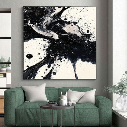 Black, White, Fluid Ink Blends "Ink Fusion" Abstract Expressionist Painting On Canvas HB139