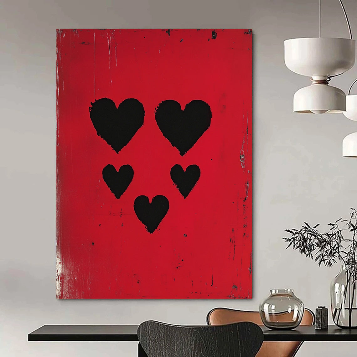 Contemporary abstract artwork featuring three black hearts against a vibrant red background, inspired by pop art and modern portraiture. DLZ1712