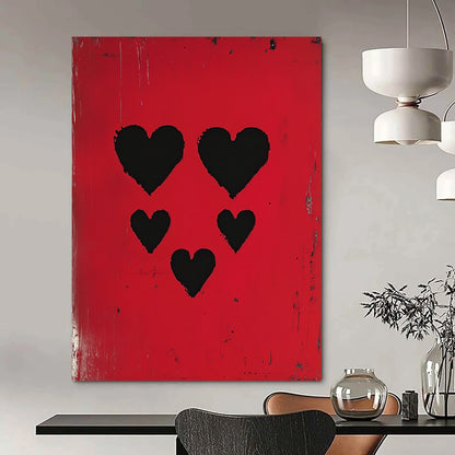 Contemporary abstract artwork featuring three black hearts against a vibrant red background, inspired by pop art and modern portraiture. DLZ1712