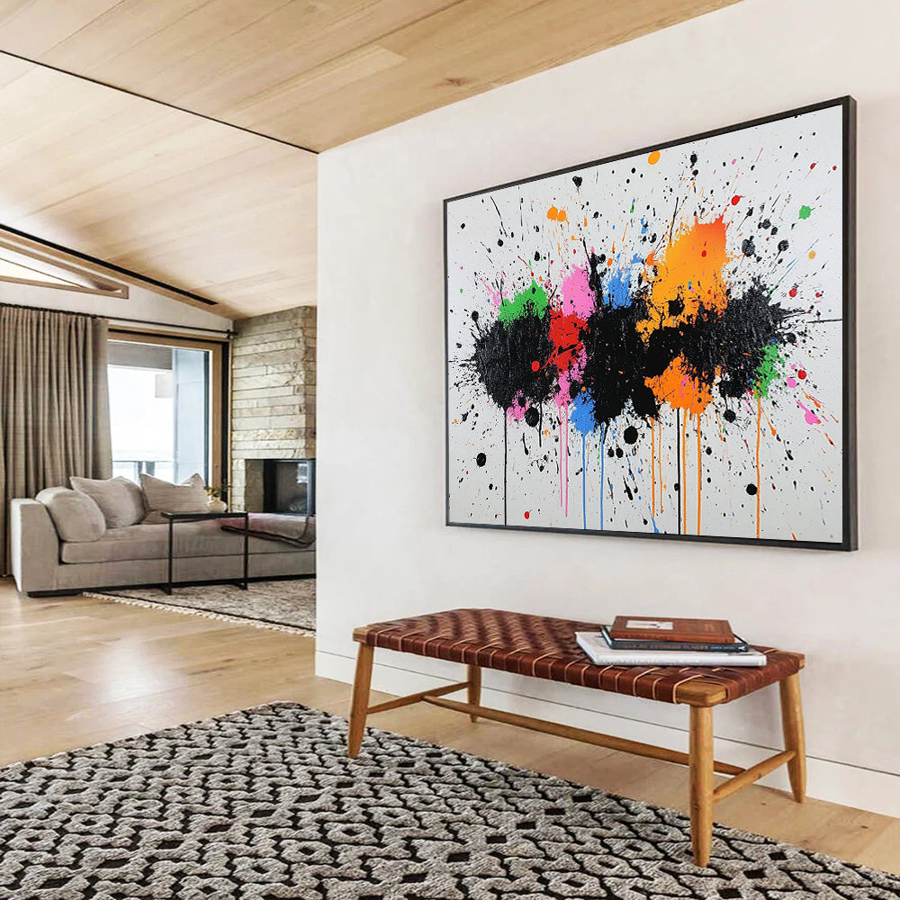 “Color Splash Carnival” - Black, rainbow splatters; Energetic paint splatters on white; Abstract Expressionist Acrylic Painting On Canvas HB1171