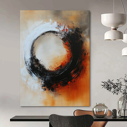Large contemporary hand-painted abstract artwork featuring a circular composition with warm tones and mysterious elements in dark gray and soft reds. DLZ0702