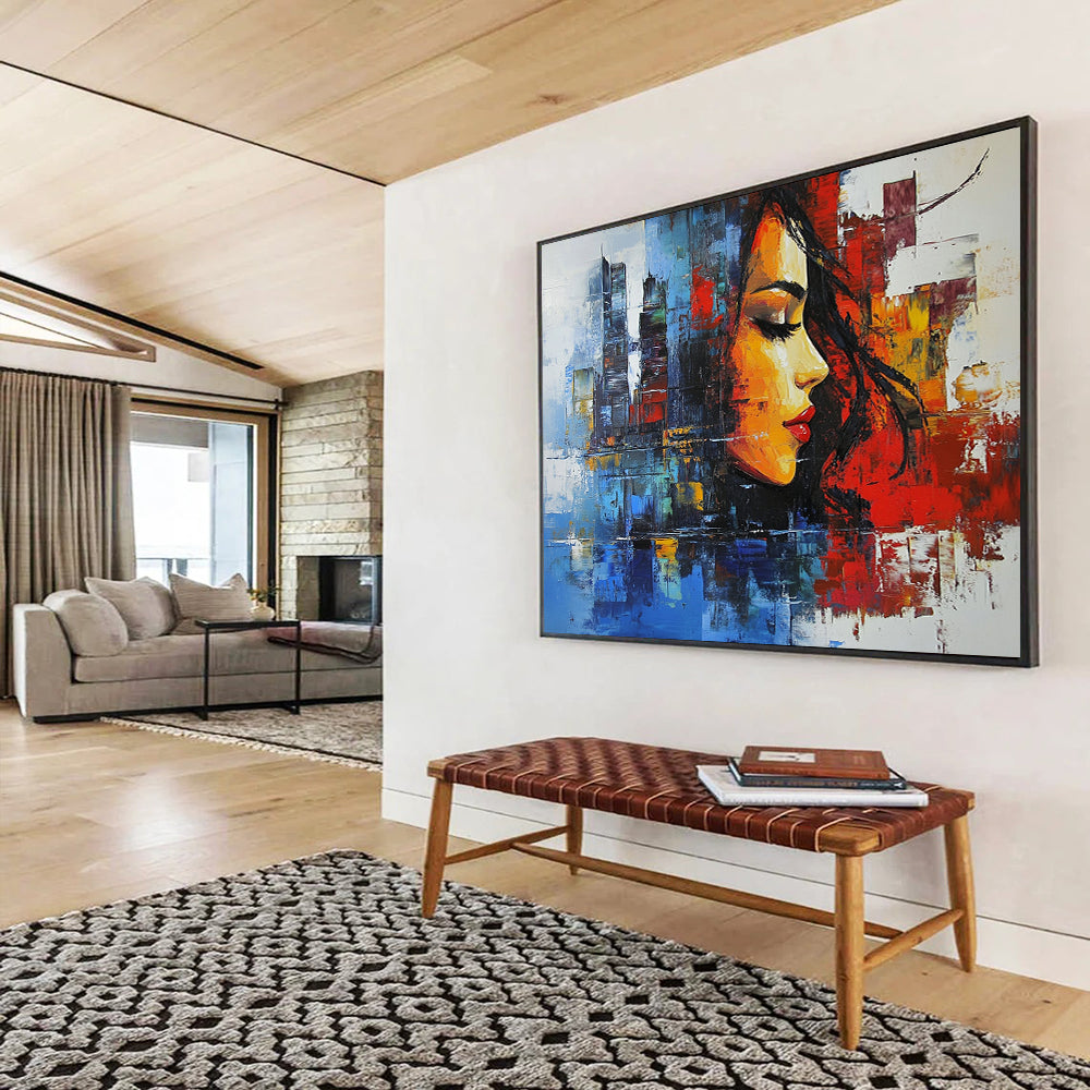 “Colorful Urban Woman Portrait” - Colorful Palette, Woman’s Face, City Background Painting On Canvas HB0851