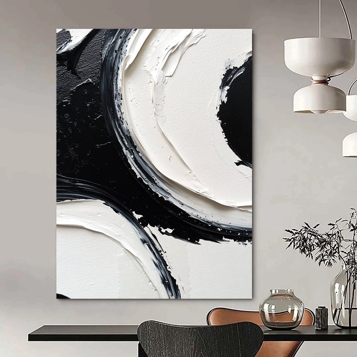 Contemporary abstract painting featuring monochrome black and white circles on a large canvas with meticulous brush strokes and high-resolution detail. DLZ0613