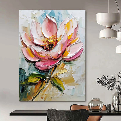 Contemporary abstract art featuring a pink flower and leaves in a detailed palette knife oil painting on a pristine white background. DLZ1440