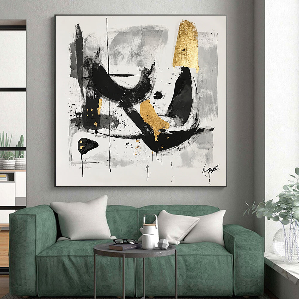 Black, Gray and Gold Abstract Swirls "Mysterious Whirl" Painting On Canvas HB326