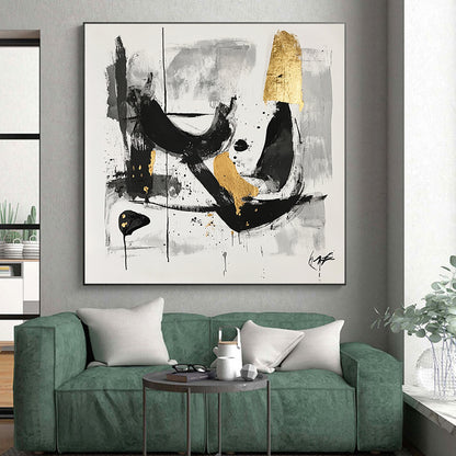 Black, Gray and Gold Abstract Swirls "Mysterious Whirl" Painting On Canvas HB326