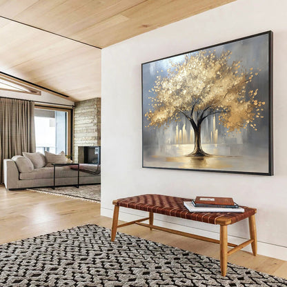 “Golden Tree in City” - Gray background, golden foliage, cityscape, Textured Tree Painting On Canvas HB0592