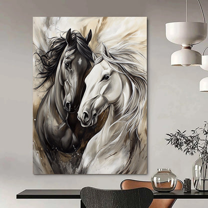 Contemporary abstract artwork featuring two horses playing in silver and gray tones with expressive brushstrokes and flowing fur details. DLZ1662