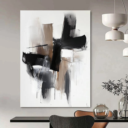 Contemporary hand-painted abstract art features bold black shapes with brown tones and white highlights on a minimalist background for a striking visual impact. DLZ0315