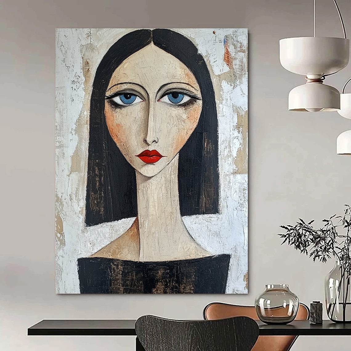 Contemporary hand-painted portrait showcasing confidence with blue eyes and red lips against a textured white backdrop featuring dark hair and a black top. DLZ1442