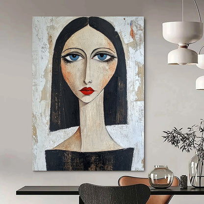 Contemporary hand-painted portrait showcasing confidence with blue eyes and red lips against a textured white backdrop featuring dark hair and a black top. DLZ1442