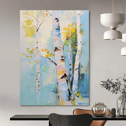 Contemporary hand-painted abstract art featuring birch trees with pastel hues expressing nature's beauty through soft brushstrokes and atmospheric light effects. DLZ1104