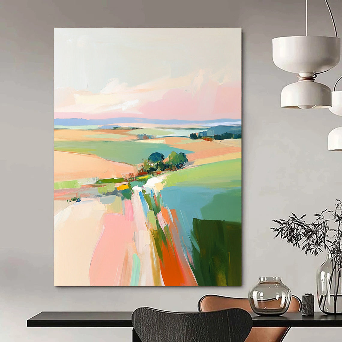 Contemporary hand-painted abstract art featuring soft pink skies and vibrant green and blue fields inspired by Robert H and Fairfield Porter. DLZ0408
