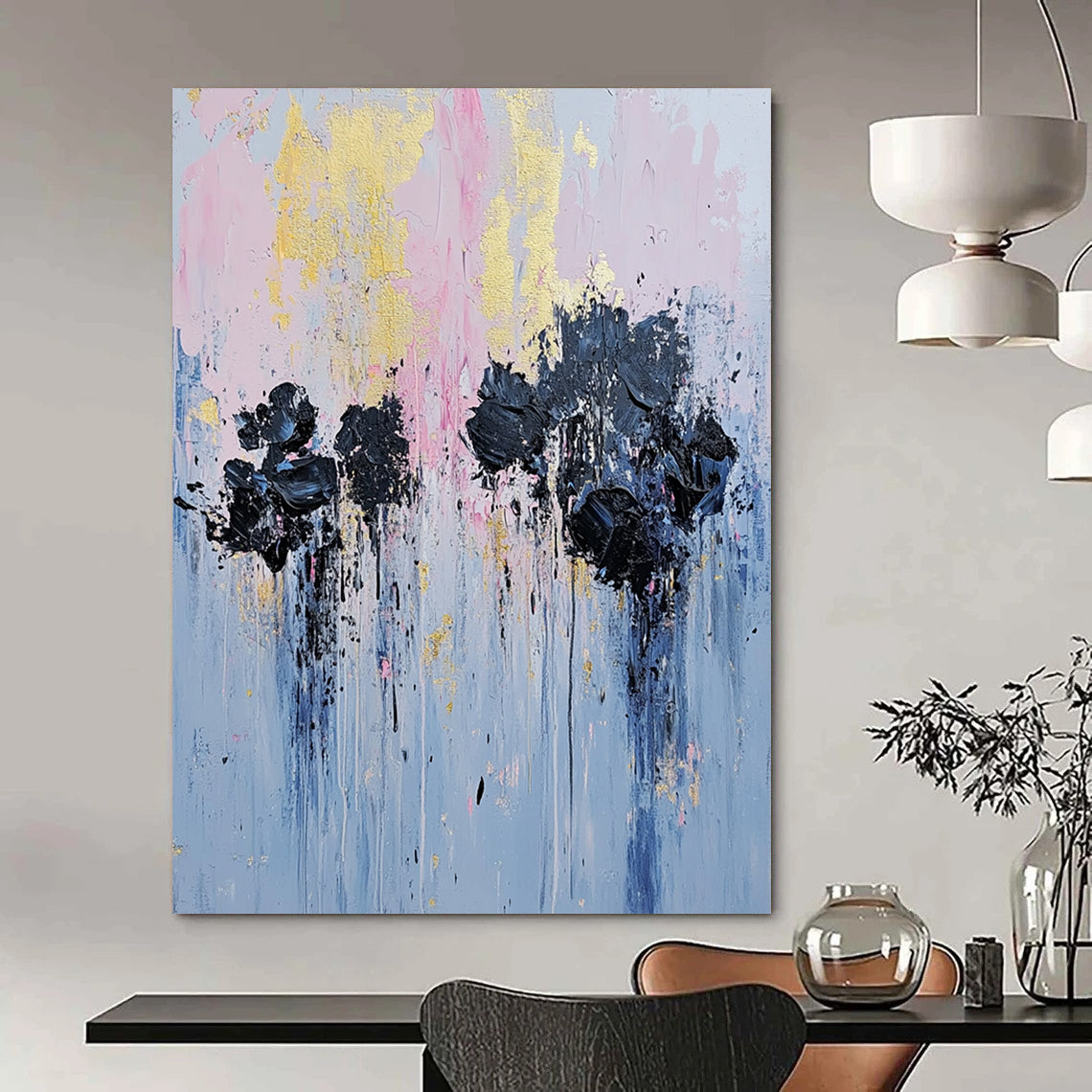 Contemporary hand-painted abstract artwork featuring textured black flowers in an urban setting with pale pink and blue tones and gold leaf accents. DLZ0477