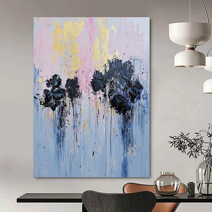 Contemporary hand-painted abstract artwork featuring textured black flowers in an urban setting with pale pink and blue tones and gold leaf accents. DLZ0477