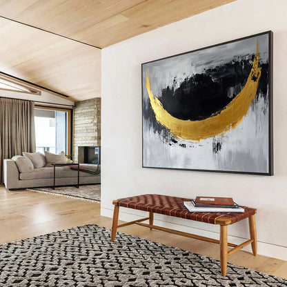 “Golden Crescent” - Gold, Black, Gray, Abstract Moon - Shaped Painting On Canvas HB1044