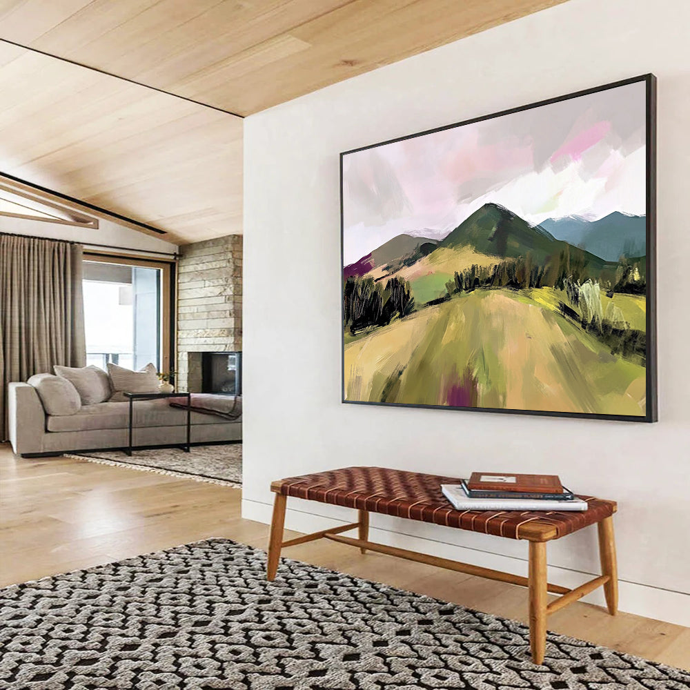 “Expressive Color - Blocked Hills” - Green, Pink, Purple, Abstracted Nature Scene - Gouache Painting HB1658