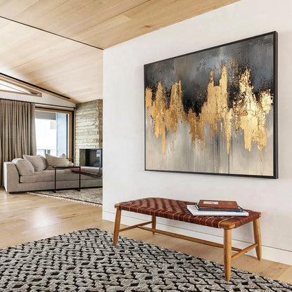 “Gold and Gray Abstract Skyline” - Gray, gold; Abstract skyline with gold accents; Acrylic Painting On Canvas HB1244