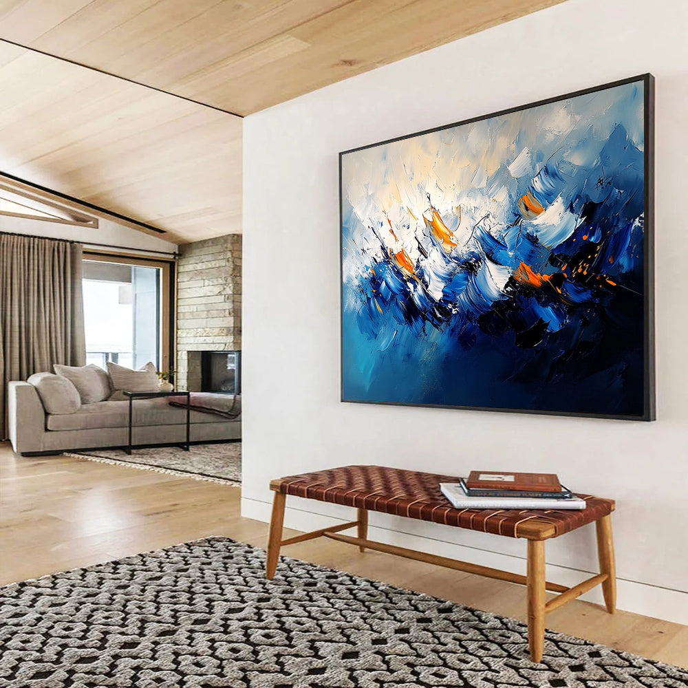 “Blue - Orange Abstract Wave Motion” - Blue, Orange, White, Dynamic Wave Shapes Painting On Canvas HB0830