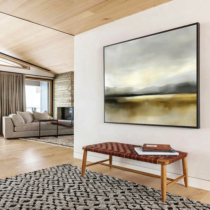 “Misty Mountain Lake” - Gray, Beige, Hazy Peaks and Reflective Water Painting On Canvas HB0927