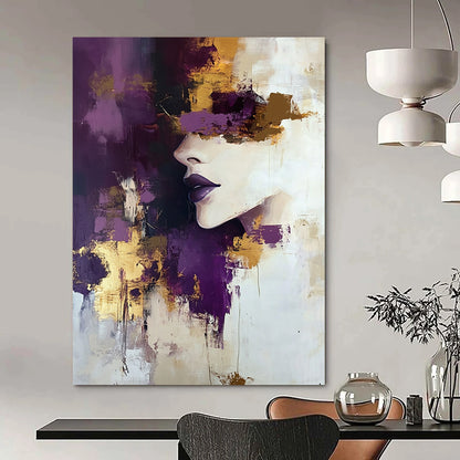 Contemporary hand-painted abstract art featuring a woman with purple and gold accents soft tones and thick brush strokes in a beige and white palette. DLZ0974