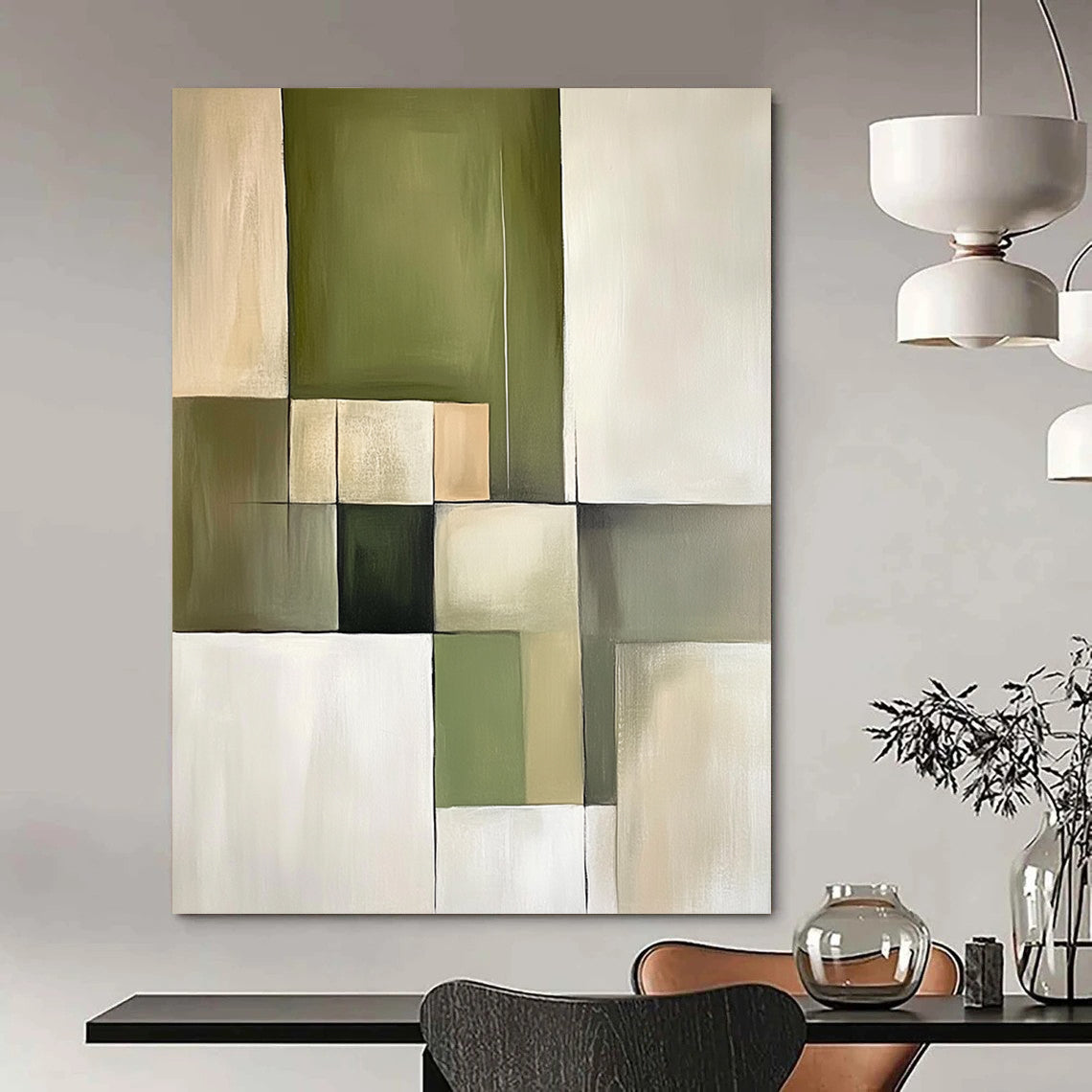 Contemporary abstract painting featuring green and beige blocks with soft tones and simple lines, embodying minimalism and geometric shapes on canvas. DLZ0747