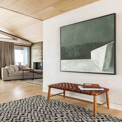 “Monochrome Minimalist Block” - Dark green backdrop with a stark white geometric form, Minimalist Abstract Painting On Canvas HB0537