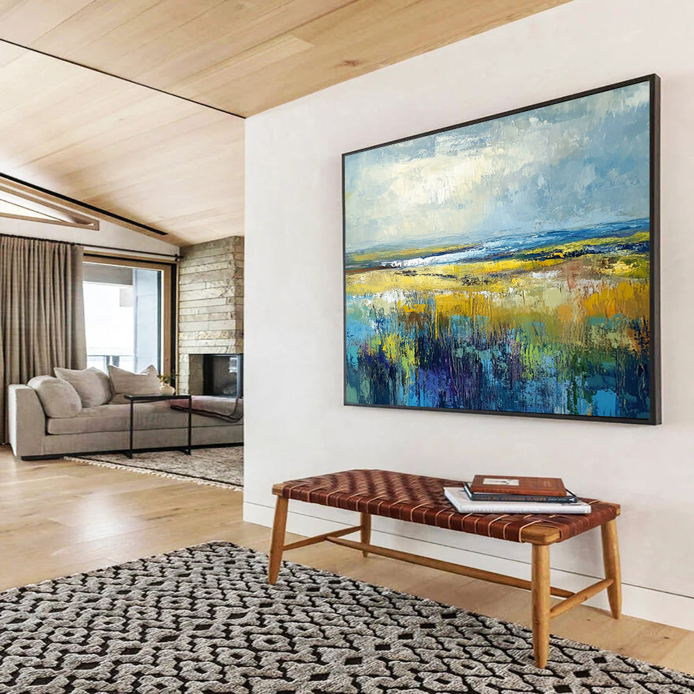 “Vibrant Prairie Dreams” - Yellow, Blue, Green, Purple, Expansive Field & Sky Scenes Painting On Canvas HB1023