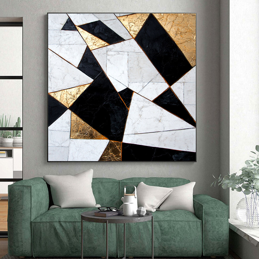 White, Black, Gold, Geometric Triangles "Gilded Geometry" Abstract Modernist Painting On Canvas HB076